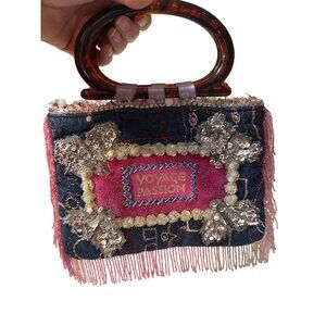Handcrafted Voyage Passion Beaded‎ Fringe Purse With Brown Handles NWT